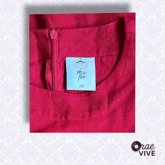 Son de Flor M Baltic Linen Midi Dress Marsala Red Long Sleeve Pockets - Picture 6 of 8